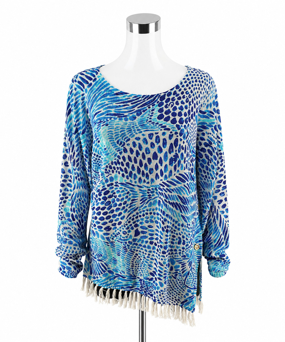 Lilly Pulitzer Tatum Sweater Seas The Day Print Fringe Hem Tunic Top Size Large